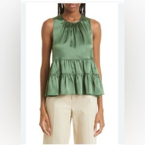 NWT Cinq A  Sept Shari Hemp Green Silk Tiered Sleeveless Blouse Size Large